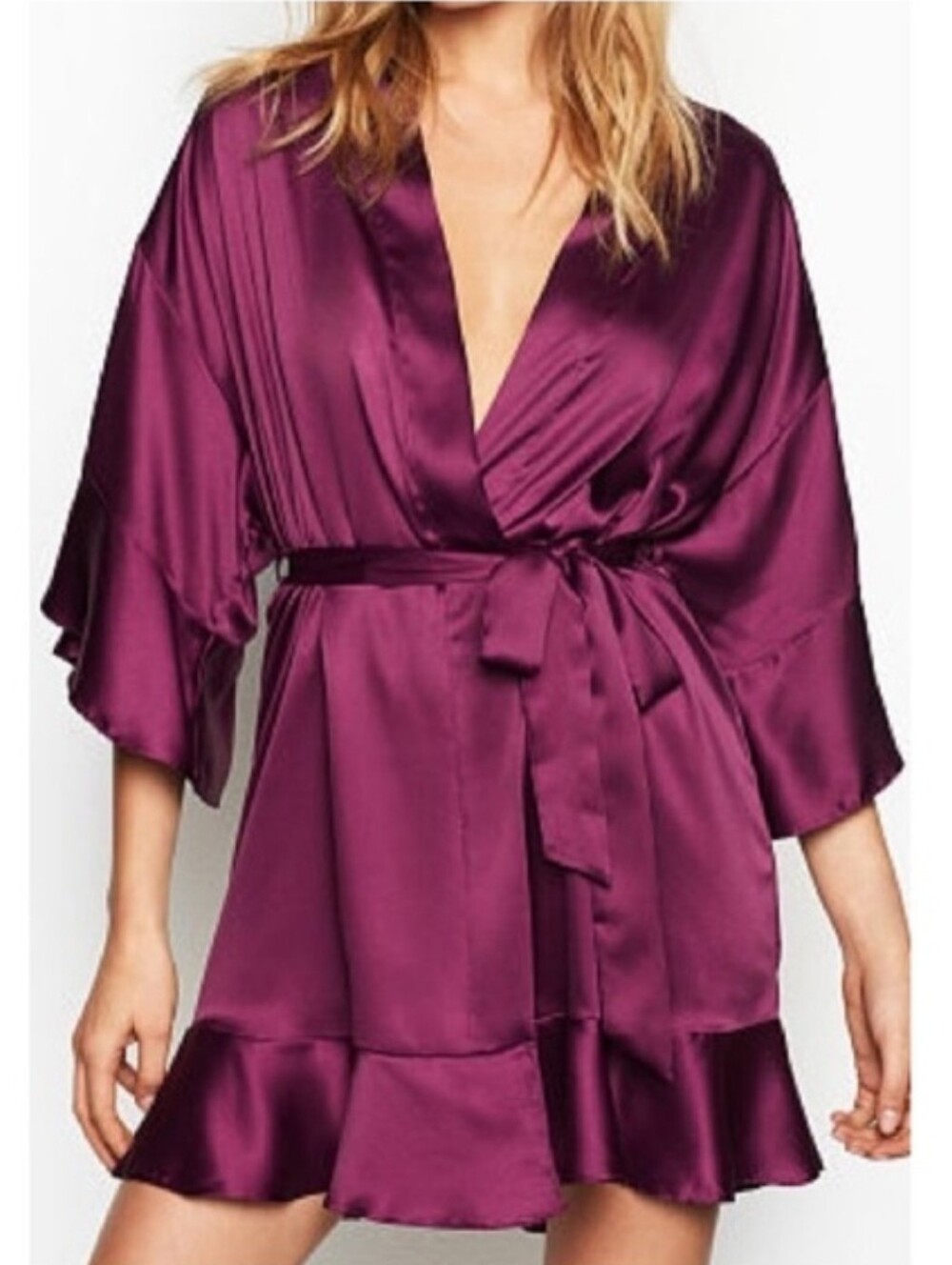 Victorias Secret Womens Silky Purple Plum Satin Robe with Tie Belt